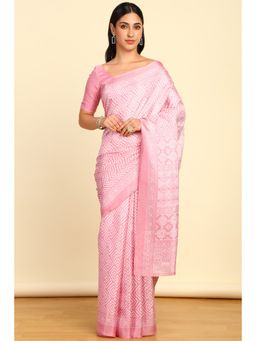 Soch - Womens Pink Art Silk Geometric Print Saree with Unstitched Blouse