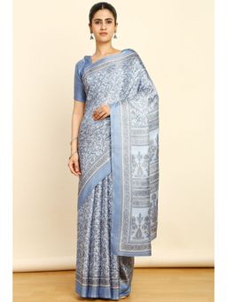 Soch - Womens Blue Art Silk Ethnic Motifs Saree with Unstitched Blouse