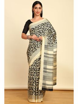 Soch - Womens Cream Art Silk Botanical Print Saree with Unstitched Blouse