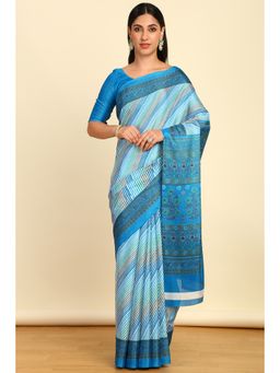 Soch - Womens Turquoise Blue Art Silk Stripes Saree with Unstitched Blouse