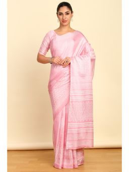 Soch - Womens Pink Art Silk Botanical Print Saree with Unstitched Blouse