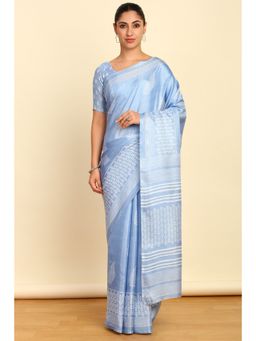 Soch - Womens Blue Art Silk Botanical Print Saree with Unstitched Blouse