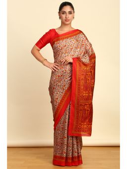 Soch - Womens Orange Art Silk Paisley Print Saree with Unstitched Blouse