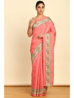 Soch - Womens Peach Art Silk Madhubani Print Saree with Unstitched Blouse