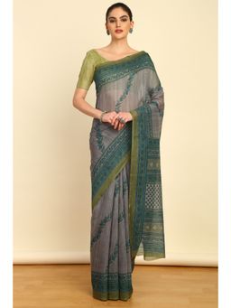 Soch - Womens Grey Linen Floral Print Saree with Unstitched Blouse