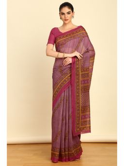 Soch - Womens Light Green Linen Floral Print Saree with Unstitched Blouse