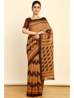 Soch - Womens Earth Linen Geometric Print Saree with Unstitched Blouse
