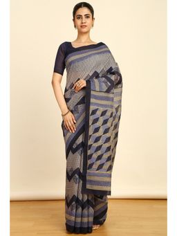 Soch - Womens Blue Linen Geometric Print Saree with Unstitched Blouse