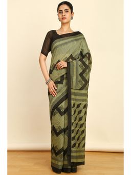 Soch - Womens Light Green Linen Geometric Print Saree with Unstitched Blouse