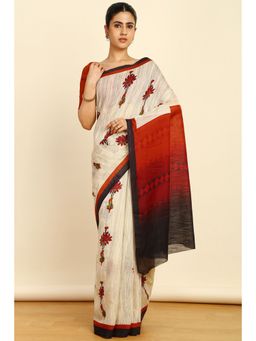 Soch - Womens Red Linen Floral Print Saree with Unstitched Blouse