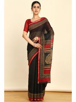 Soch - Womens Black Cotton Ethnic Motifs Saree with Unstitched Blouse