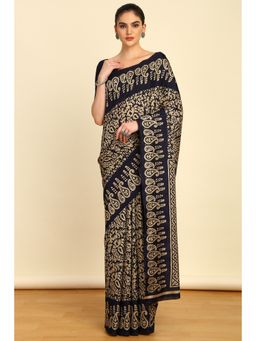 Soch - Womens Navy Blue Chiffon Paisley Print Saree with Unstitched Blouse
