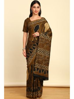 Soch - Womens Olive Chiffon Abstract Print Saree with Unstitched Blouse