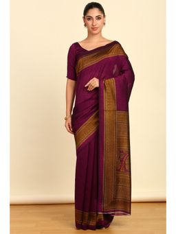Soch - Womens Wine Art Silk Paisley Print Saree with Unstitched Blouse