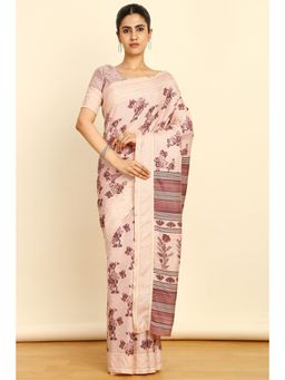 Soch - Womens Peach Art Silk Floral Print Saree with Unstitched Blouse