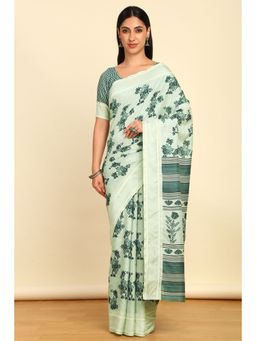 Soch - Womens Light Green Art Silk Floral Print Saree with Unstitched Blouse