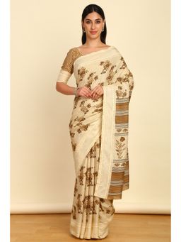 Soch - Womens Beige Art Silk Floral Print Saree with Unstitched Blouse