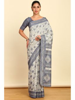 Soch - Womens Grey Art Silk Floral Print Saree with Unstitched Blouse