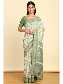 Soch - Womens Sap Green Art Silk Floral Print Saree with Unstitched Blouse