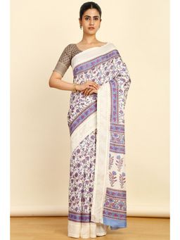 Soch - Womens Blue Art Silk Floral Print Saree with Unstitched Blouse