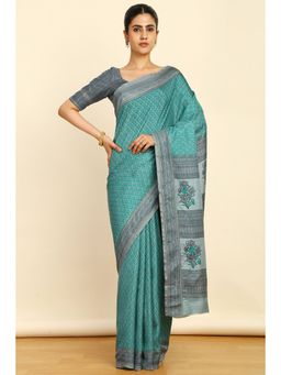 Soch - Womens Green Art Silk Botanical Print Saree with Unstitched Blouse