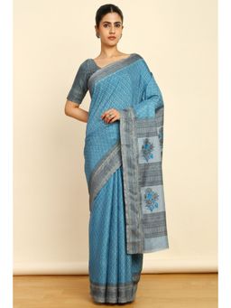 Soch - Womens Blue Art Silk Botanical Print Saree with Unstitched Blouse