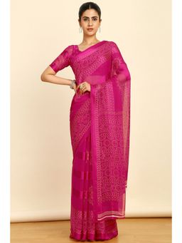 Soch - Womens Fuchsia Chiffon Polka Dots Saree with Unstitched Blouse