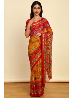 Soch - Womens Mustard Chiffon Bandhani Print Saree with Unstitched Blouse