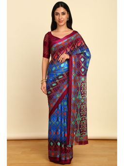 Soch - Womens Turquoise Blue Chiffon Bandhani Print Saree with Unstitched Blouse