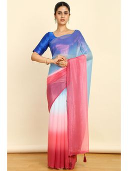 Soch - Womens Blue Chiffon Ombre Print Tassels Saree with Unstitched Blouse