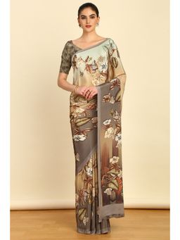Soch - Womens Olive Crepe Floral Print Saree with Unstitched Blouse