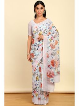 Soch - Womens Off White Georgette Floral Print Saree with Unstitched Blouse