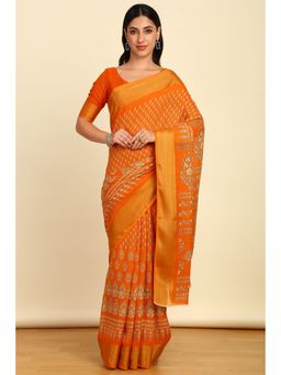 Soch - Womens Mustard Linen Floral Print Saree with Unstitched Blouse