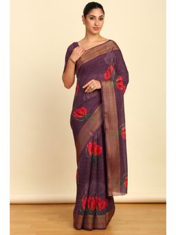 Soch - Womens Wine Linen Floral Print Saree with Unstitched Blouse