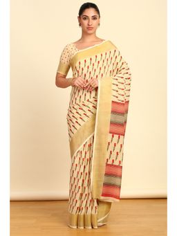 Soch - Womens Red Linen Floral Print Saree with Unstitched Blouse