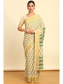 Soch - Womens Green Linen Floral Print Saree with Unstitched Blouse