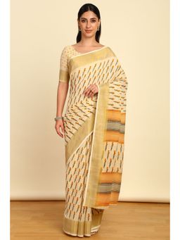 Soch - Womens Mustard Linen Floral Print Saree with Unstitched Blouse