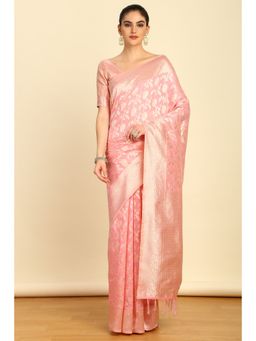 Soch - Womens Blush Pink Tussar Zari Woven Tassels Saree with Unstitched Blouse