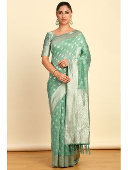Soch - Womens Sap Green Tussar Woven Design Saree with Unstitched Blouse