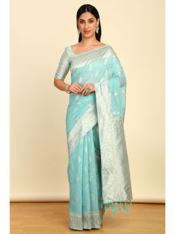 Soch - Womens Powder Blue Tussar Zari Woven Tassels Saree with Unstitched Blouse