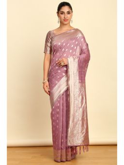 Soch - Womens Purple Tussar Zari Woven Tassels Saree with Unstitched Blouse