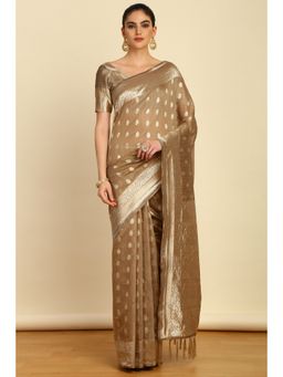 Soch - Womens Earth Tussar Zari Woven Tassels Saree with Unstitched Blouse