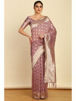 Soch - Womens Onion Pink Tussar Zari Woven Tassels Saree with Unstitched Blouse