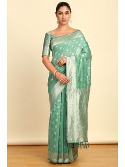 Soch - Womens Sap Green Tussar Woven Design Saree with Unstitched Blouse
