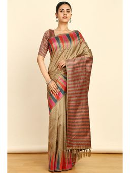 Soch - Womens Gold Tussar Geometric Print Tassels Saree with Unstitched Blouse