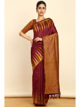 Soch - Womens Maroon Tussar Geometric Print Tassels Saree with Unstitched Blouse