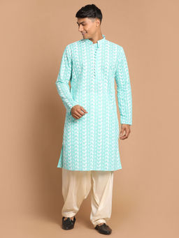 Vastramay - Mens Green & Cream Pure Cotton Kurta & Patiala (Set of 2)