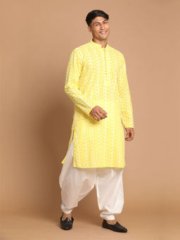 Vastramay - Mens Mustard & White Pure Cotton Kurta & Patiala (Set of 2)