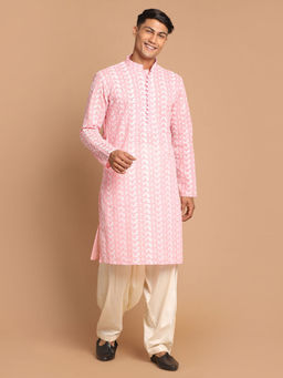 Vastramay - Mens Pink & Cream Pure Cotton Kurta & Patiala (Set of 2)