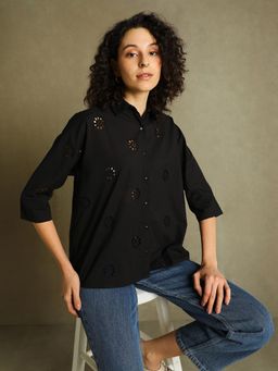 DL WOMAN - Black Schiffli Spread Collar Full Sleeves Shirt